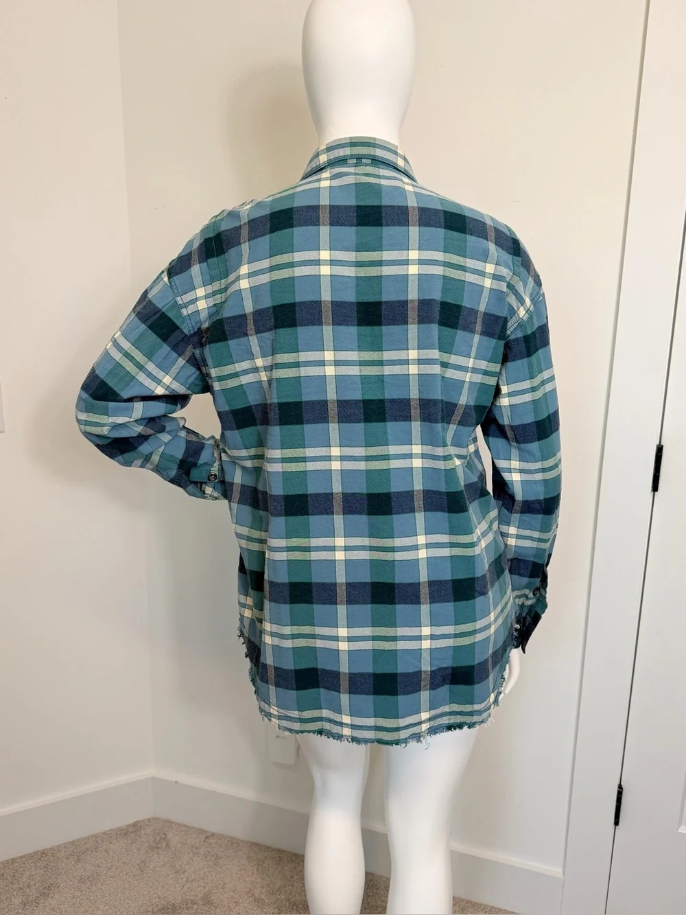 Free People Women’s Plaid Button Up Shirt L Blue Green Raw Hem Boho Rayon Cotton